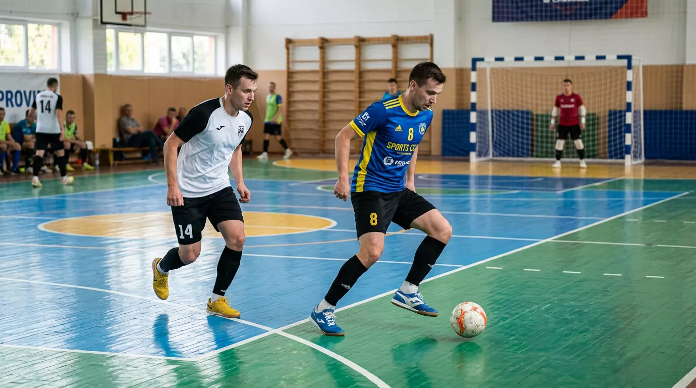 Futsal-Spielszene in der Halle: fünf gegen fünf auf Handballfeldgröße mit kleinem sprungreduziertem Ball