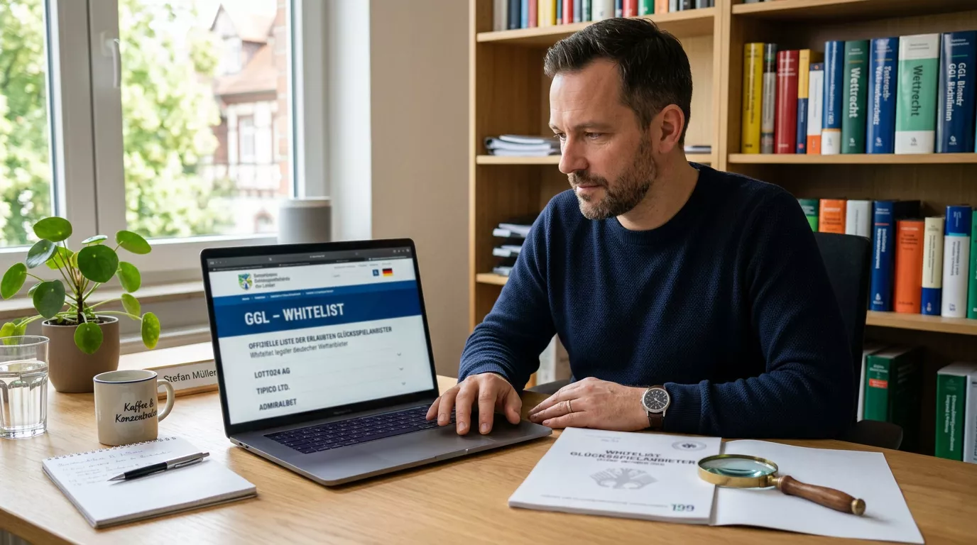 Person prüft die GGL-Whitelist legaler Wettanbieter in Deutschland am Laptop als Schutz vor dem Schwarzmarkt