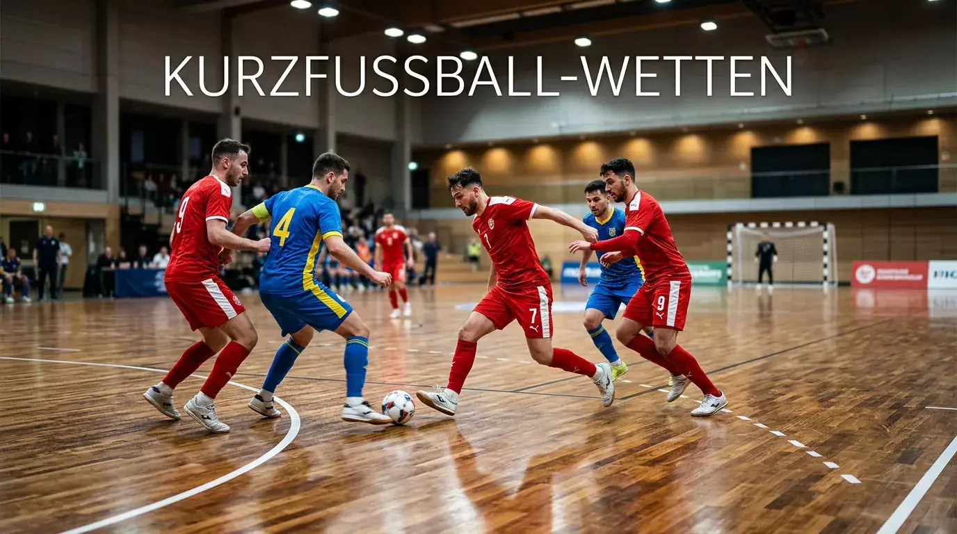 Futsal-Spielszene in einer Halle mit Quotentafel und Bonus-Hinweisen zum Thema Kurzfußball-Wetten in Deutschland