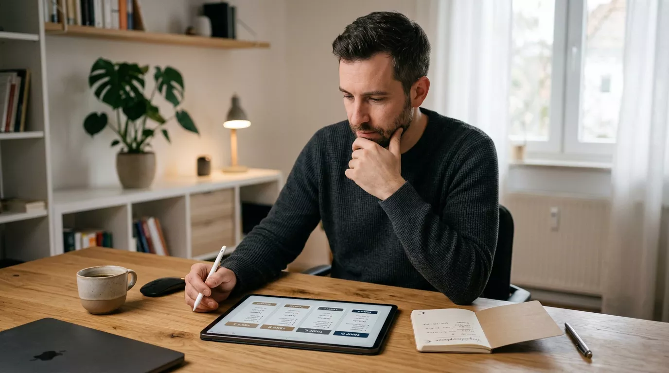 Person vergleicht verschiedene Wettbonus-Arten wie Einzahlungsbonus, Gratiswette, Cashback und Quotenboost auf einem Tablet